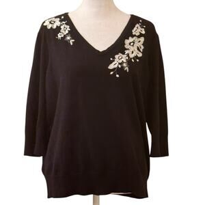 Roz & Ali Black V-Neck Sweater 3/4 Sleeves White Embroidered Flowers Size 1X